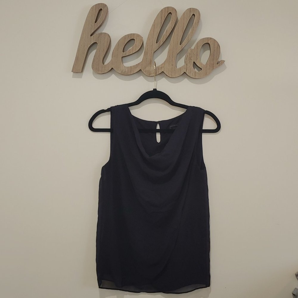Ann Taylor Navy Cowl Neck Lined Sleeveless Blouse (S)